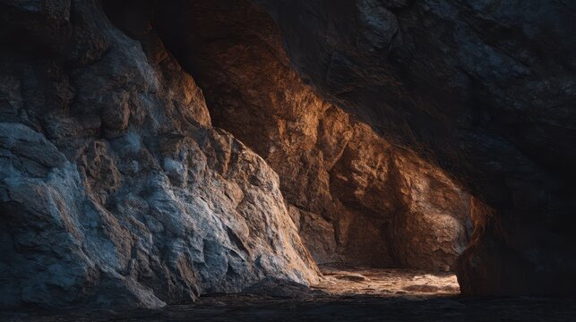 Mysterious Cave with Dim Light Illuminating Rocky Wall