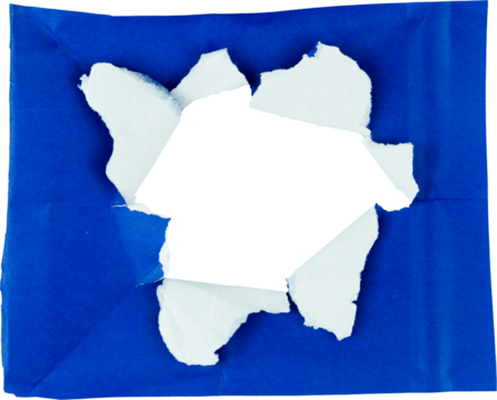 Torn blue paper with ripped edges and a blank space in the center for your text or image insertion on a white background