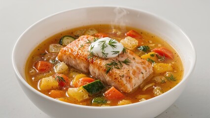 Hearty bowl of vegetable and salmon soup