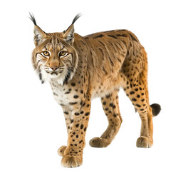 Obraz premium Wary lynx, alert and standing. Large cat with distinctive spots and tufted ears. Natural light, studio shot