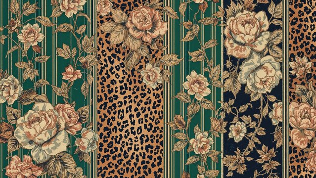 Endless classic flower and stripe leopard pattern textile design