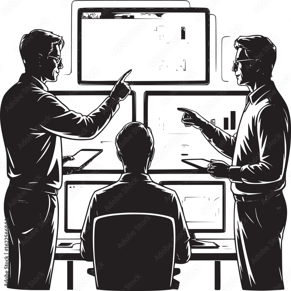 Poster three people analyzing data on multiple screens in a monochrome illustration of business analytics