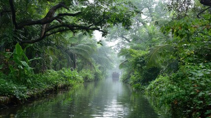 Tranquil Narrow Canal Cutting Through Lush Green Jungle Landscape