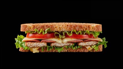 Stacked sandwich with chicken meat, ham, cheese, lettuce, and tomato served on toasted slices over a black surface