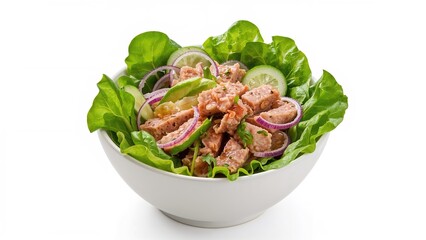Nutritious salad bowl with tuna, fresh lettuce, avocado, red onion, cucumber, and spinach, overhead view with blank space