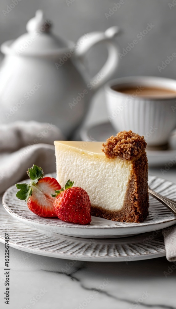 Aufkleber decadent cheesecake slice topped with fresh berries and whipped cream on a rustic table setting