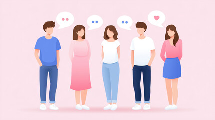Obraz premium Young people standing with speech bubbles above, chatting and expressing emotions in casual clothing on pink background