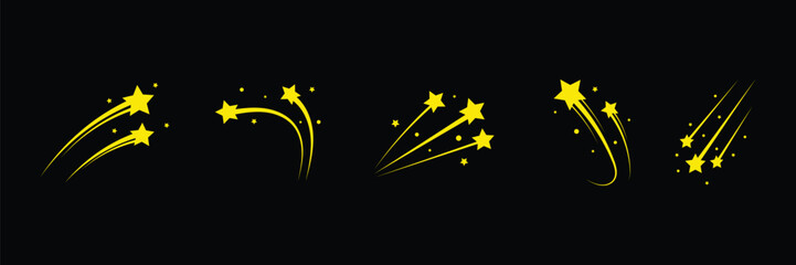 Set of yellow Shooting Star icon collection. Star, Rising star, falling star symbol.