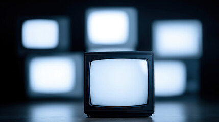 Old television set with blank screen in front of multiple blurred TV screens in dark room, creating nostalgic and mysterious mood
