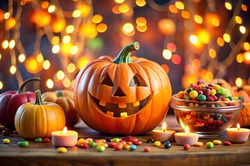 Fototapeta premium A festive halloween scene with a carved pumpkin, candies, and candles on a wooden table with bokeh lights in the background creating a warm and inviting atmosphere