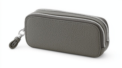 Naklejka premium Gray leather pencil case with double zipper and silver metal pull, compact and textured design for stationery storage