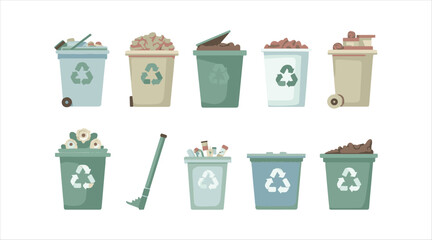 Vector Set of Trash Bin, Trash Can, Recycle Icons, and Garbage Sign

