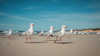 Obraz premium Seabirds Wandering on Sandy Coast