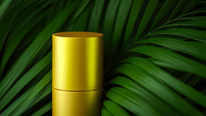 Luxurious Gold Cosmetic Container Displayed Against Lush Green Tropical Palm Leaves for Premium Beauty Products