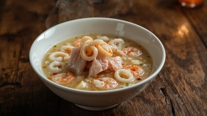 Boiled Rice Porridge with a Mix of Fish, Squid, and Shrimp Presented in a White Bowl for Breakfast