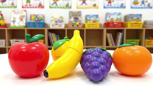 Plastic fruits an apple banana grapes and orange are posed in front of wooden cubbies with books and toys
