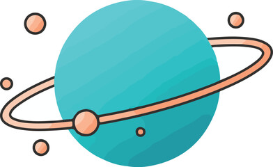 Obraz premium A colorful cartoon illustration of a teal planet with prominent orange rings and orbiting moons. A simple flat design concept of a celestial body in space.