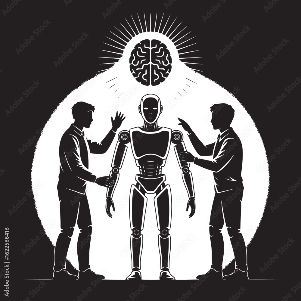 Poster two men creating a robot with a brain above its head in a black and white illustration style