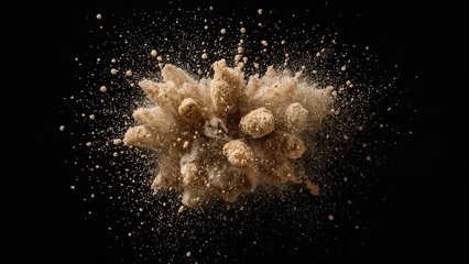 Sand particles erupting in an isolated explosion on a black canvas. Textural design component.