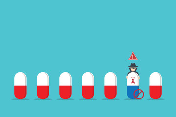 Fake medicine. Pill and tablet with criminal selling illegal drugs. Fake drugs, pharmaceutical. Symbolic for harmful counterfeit pills, risk and danger of illegal produced and sold pharmaceuticals.