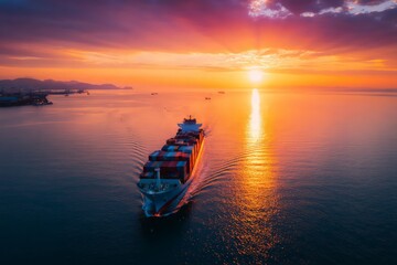 Obraz premium Cargo Ship At Sunset In Ocean