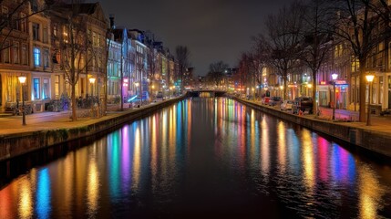 Fototapeta premium Colorful Nighttime Reflections on Canal with City Lights