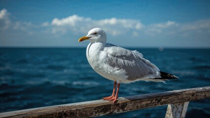 Marine Bird Resting on Boat Rail with Sea View Behind