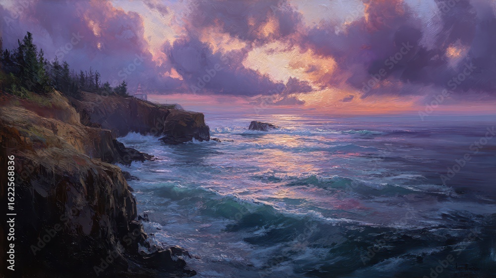 Poster serene ocean cliffs at dusk with waves crashing gently