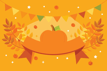 Autumn Pumpkin with Banner and Leaves on an Orange Background Illustration