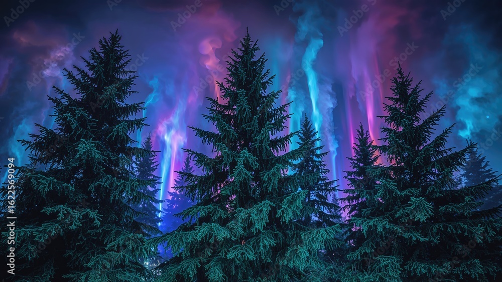 Aufkleber colorful light columns create a striking background for pine trees in nighttime. focused trees contr