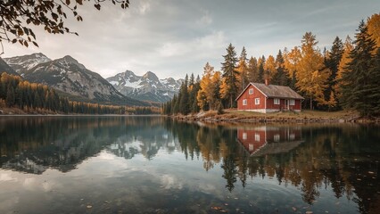 Obraz premium Quiet ruby cabin adjacent to a lake in autumn