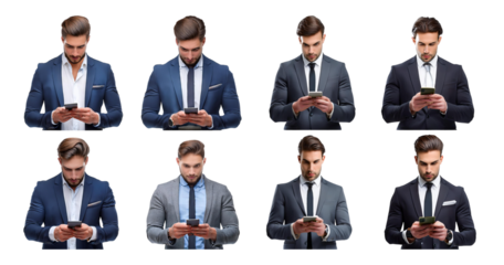 Professional Man in Suits Using Smartphone in Various Poses, Bundle Set Collection, Isolated on Transparent Background