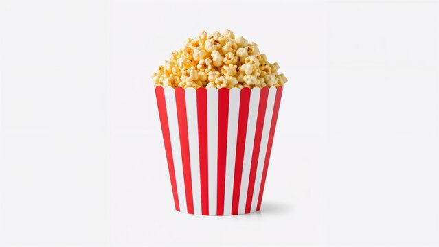 Tasty cheese popcorn inside a red and white striped tub isolated on a white background. Represents fast food and entertainment ideas. - Powered by Adobe