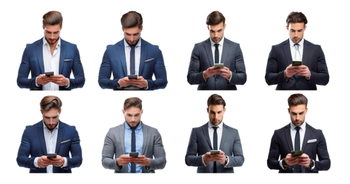 Professional Man in Suits Using Smartphone in Various Poses, Bundle Set Collection, Isolated on Transparent Background