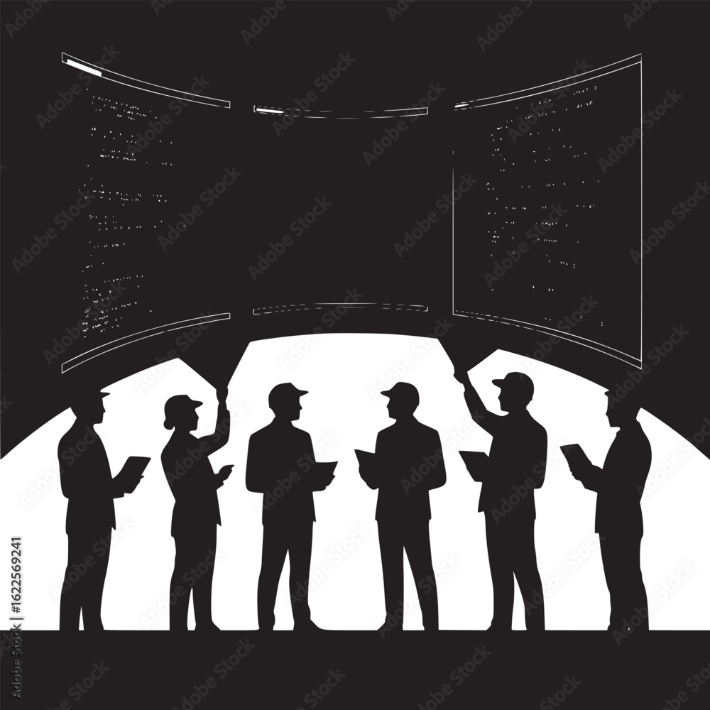 Poster silhouetted figures in suits analyzing code panels in a monochrome digital environment design