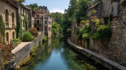 Obraz premium Ancient Town with Stone Walls Lining a Serene Canal View