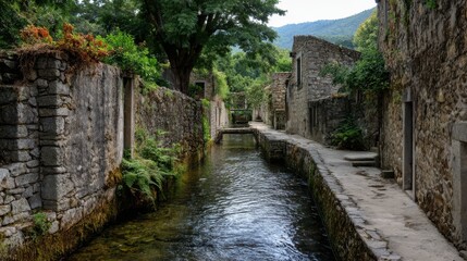 Ancient Town with Stone Walls and Lining Canal Surrounded by Nature