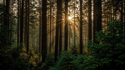 Fototapeta premium Hidden Lush Forest Illuminated by Morning Sun. Bright Sunbeams, Fog, and Soft Mist. Focus on Pine and Fir Trees. Light Passing Through Tree Trunks. Picturesque Natural View. Tranquil and Scenic