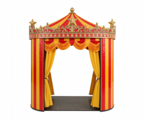 High-Resolution Stock Photo, A Vibrant Carnival Booth with Ornate Gold Details and Classic Striped Design, Perfect for Festive Backgrounds