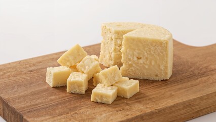 Slice of traditional low-fat cumin cheese named Pan Pan and diced pieces on a chopping board