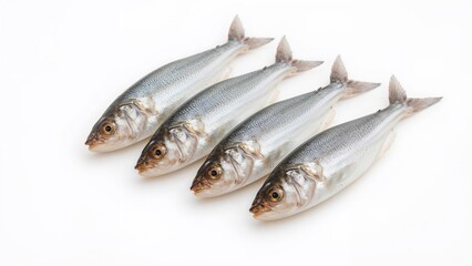 Obraz premium A group of six smelt fish separated on a white surface