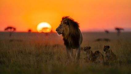 Majestic Lion and Cubs at Sunset in the African Savanna A Wildlife Portrait of the King of Beasts with his Family