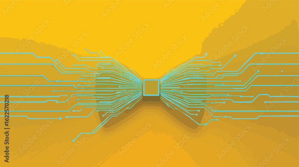Poster abstract circuit board design resembling a bow tie pattern on a yellow gradient background.