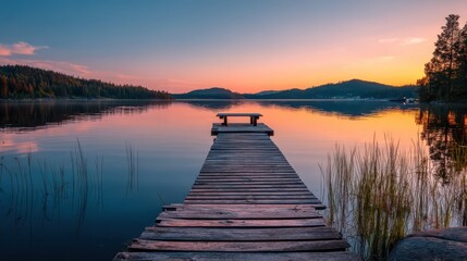 Serene Sunset Dock over Calm Lake Waters Surrounded by Nature
