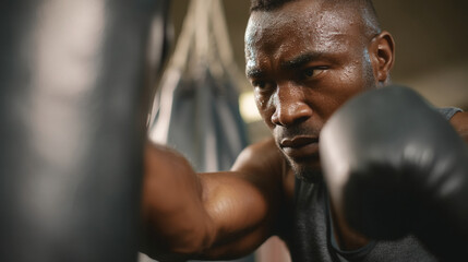 Intense african american boxer training with heavy bag in gym sweating with boxing gloves on hands