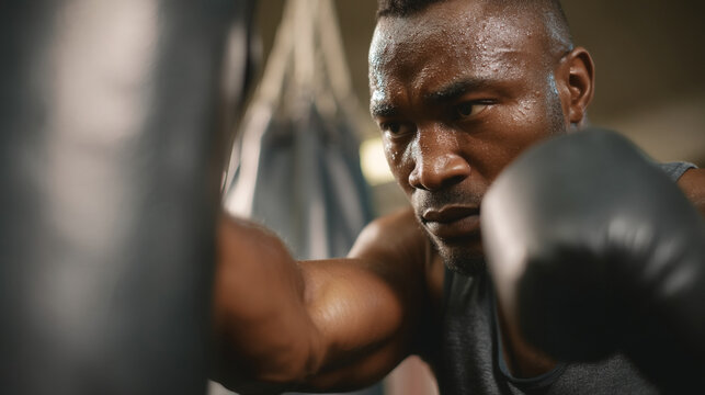 Intense african american boxer training with heavy bag in gym sweating with boxing gloves on hands