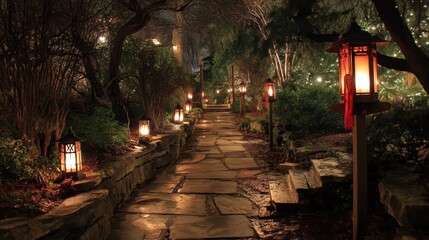 Fototapeta premium Serene Lanterns Lighting Walkway in Tranquil Japanese Garden at Night