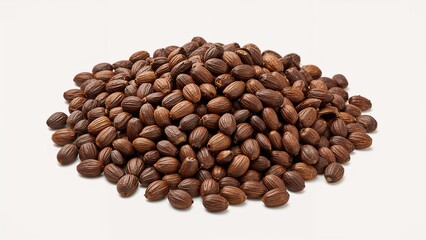 Stack of raw organic cacao seeds with skins intact, side perspective.