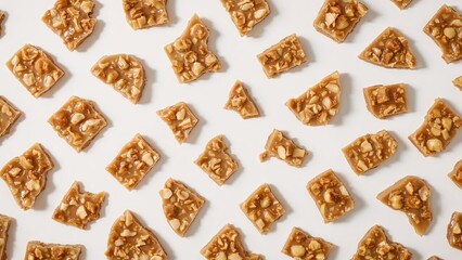 Close-up of roasted peanut candy fragments on a white background