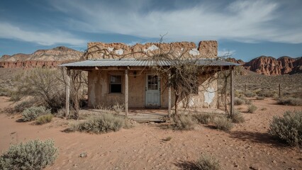 Photograph of a Deserted Home's Exterior in the Arid Landscape